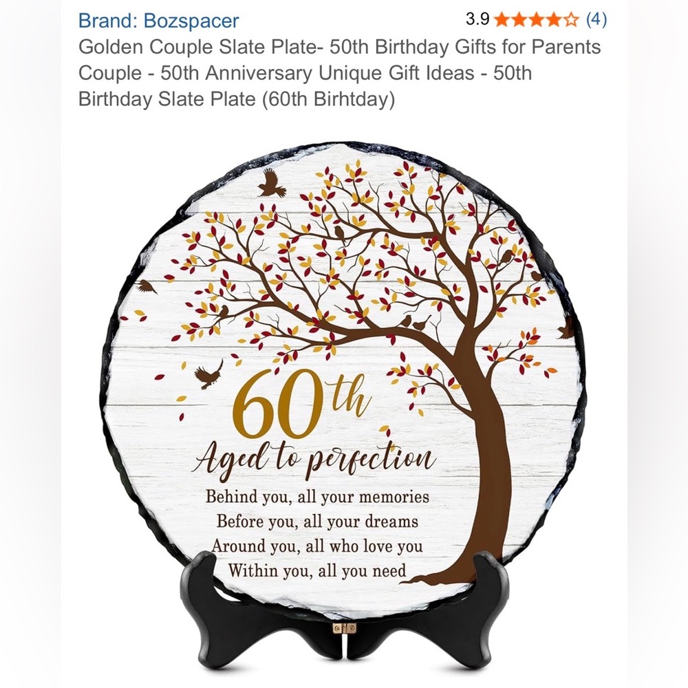 5/$30 60th Birthday/Anniversary Slate Plate Tree Design Wood Stand Care Card NWT
